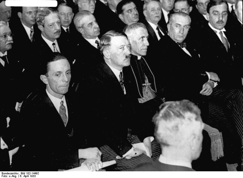 Joseph Goebbels, Adolf Hitler, and Vatican Apostolic Nuncio to Germany Cesare Orsenigo, in Reichspropagandaministerium Berlin